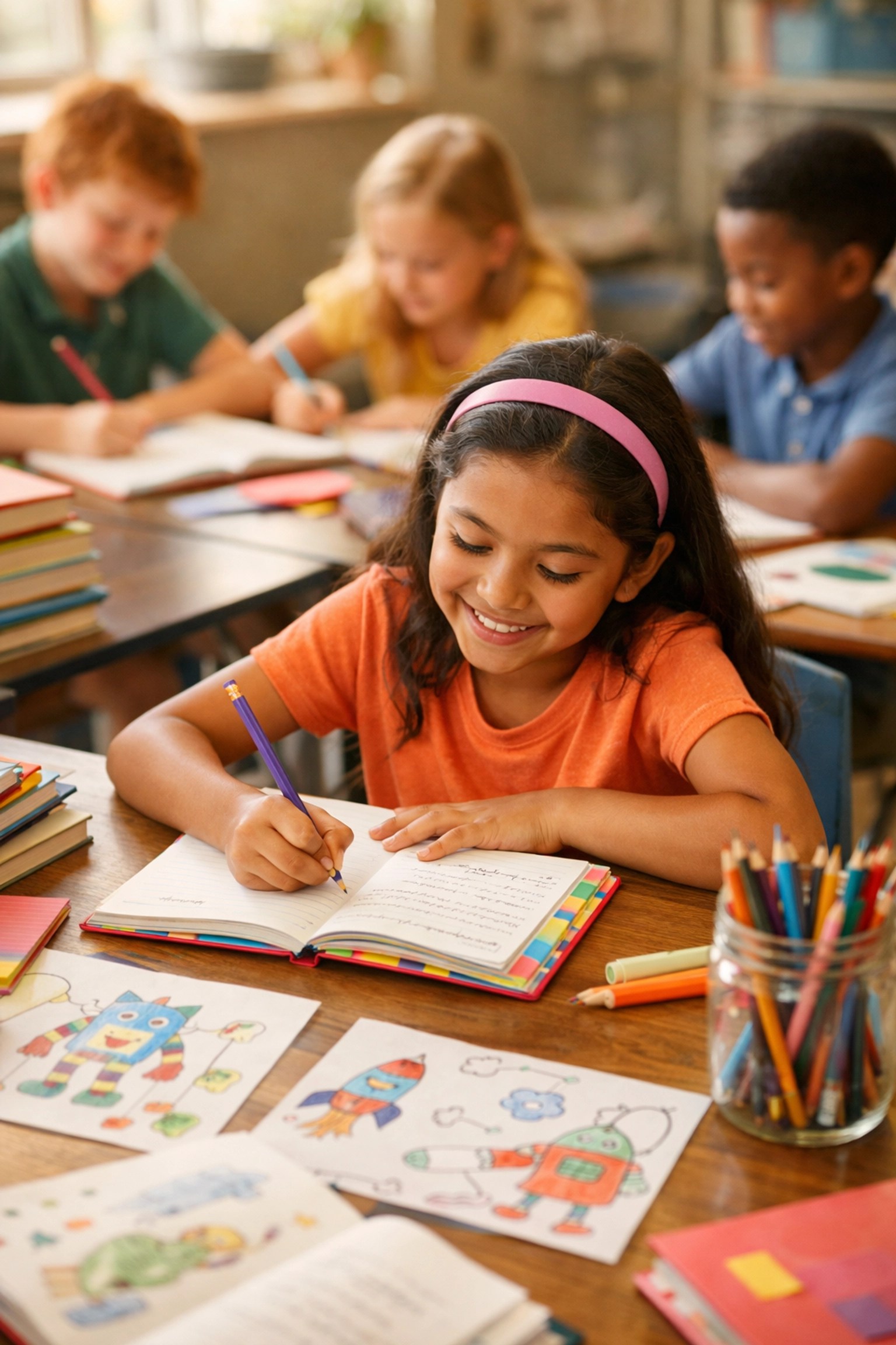 Children engaged in creative writing class developing critical thinking skills