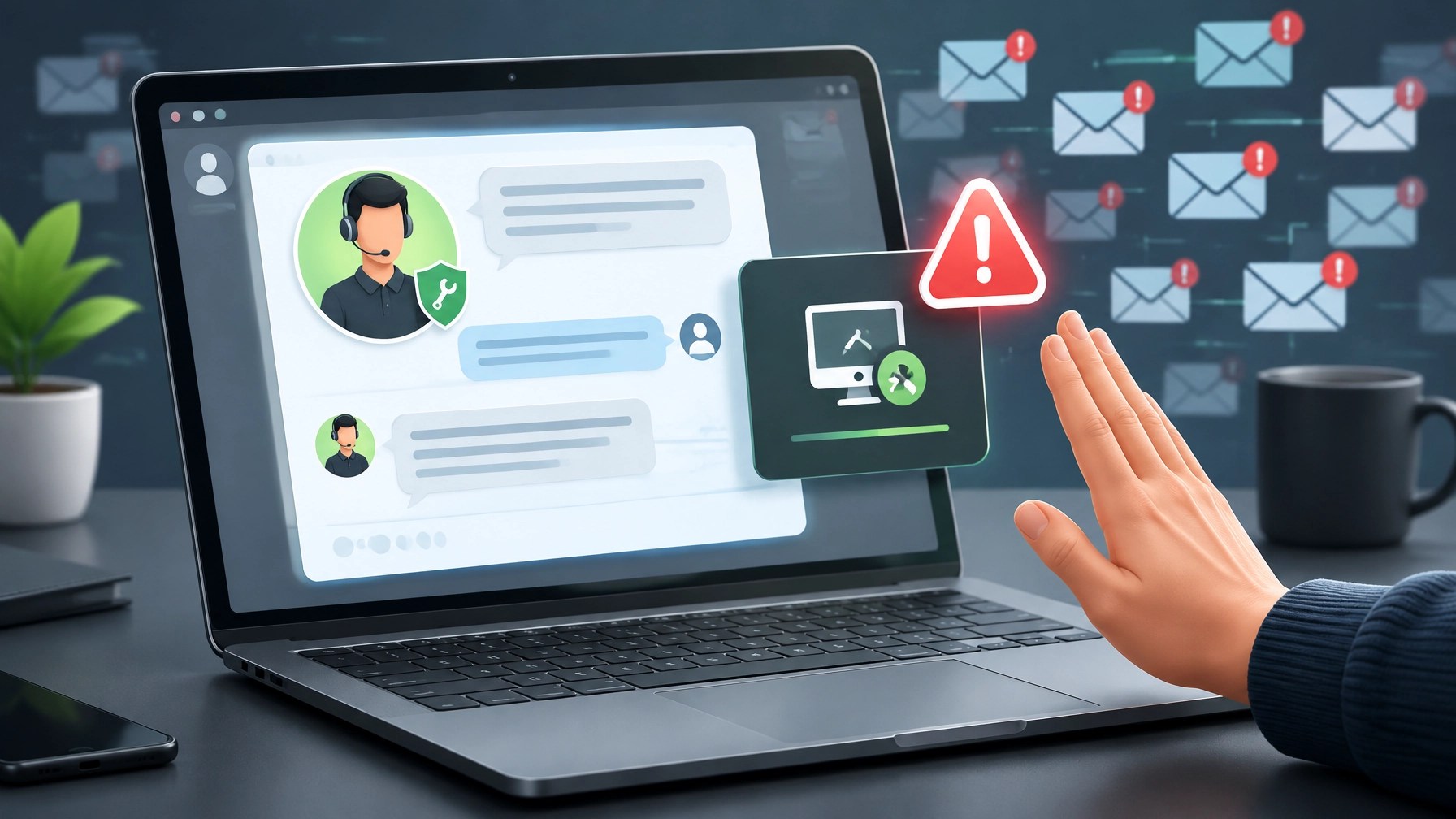Illustration of a user pausing before granting remote access to an impersonating help desk