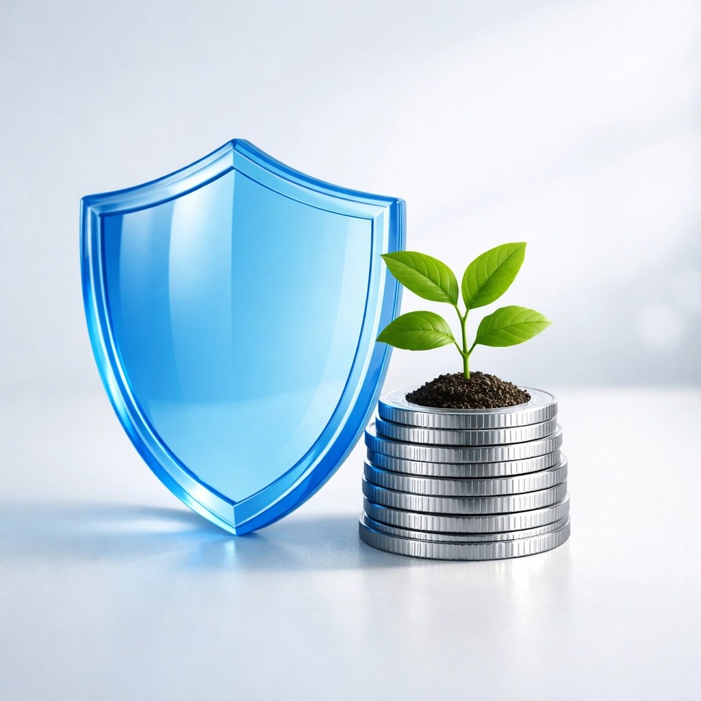 A protective shield over growing coins and a plant, representing secure financial planning and burial insurance.