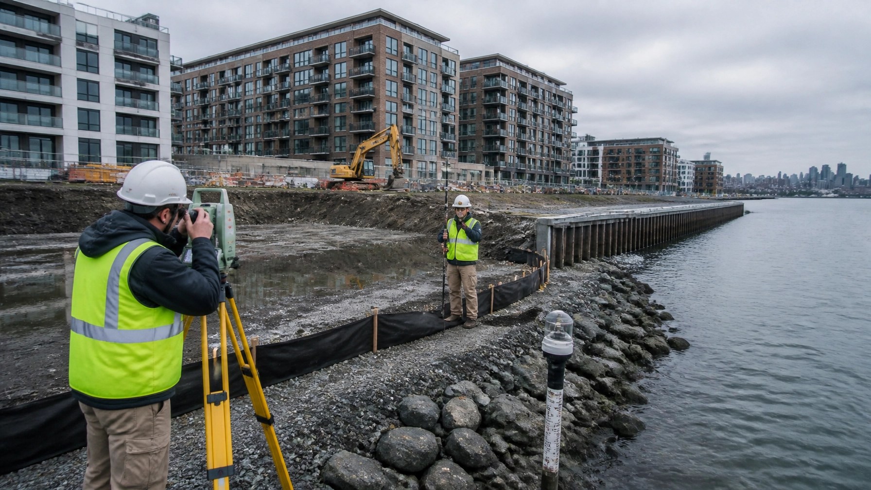 Survey team checking elevation benchmarks near an urban New Jersey waterfront bulkhead