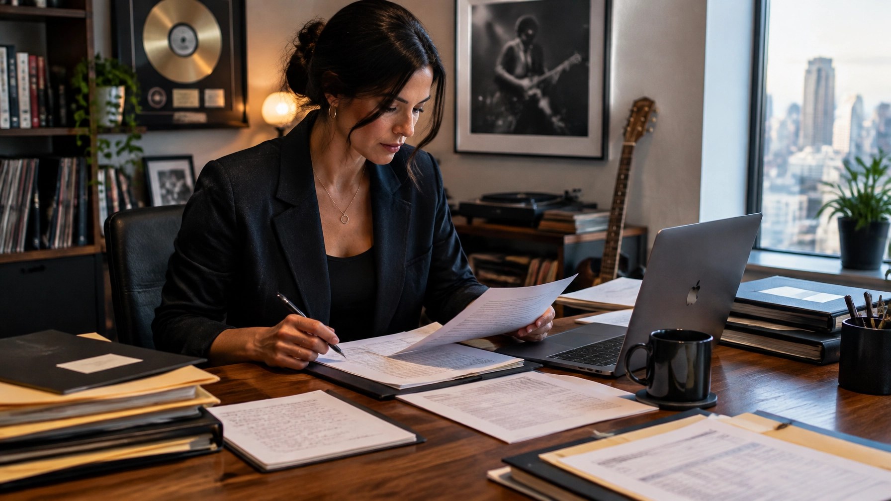 Music rights professional in an organized office reviewing catalog documents, contracts, split sheets, and registration records