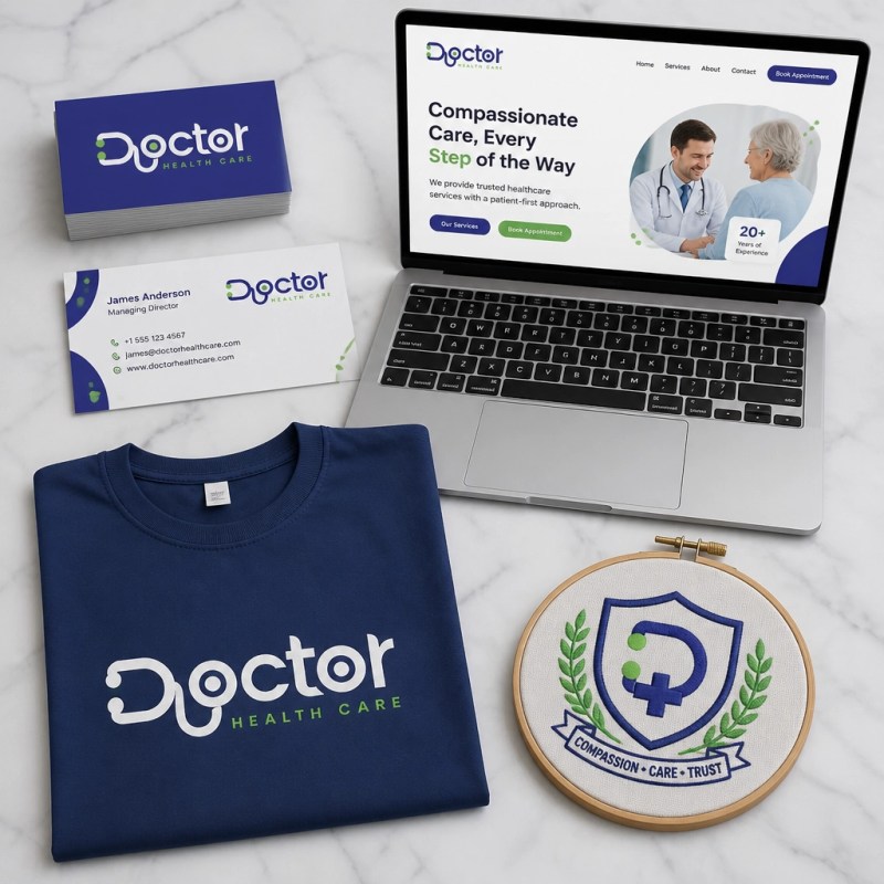 A flat lay of business cards, a laptop showing a landing page, and an embroidered shirt