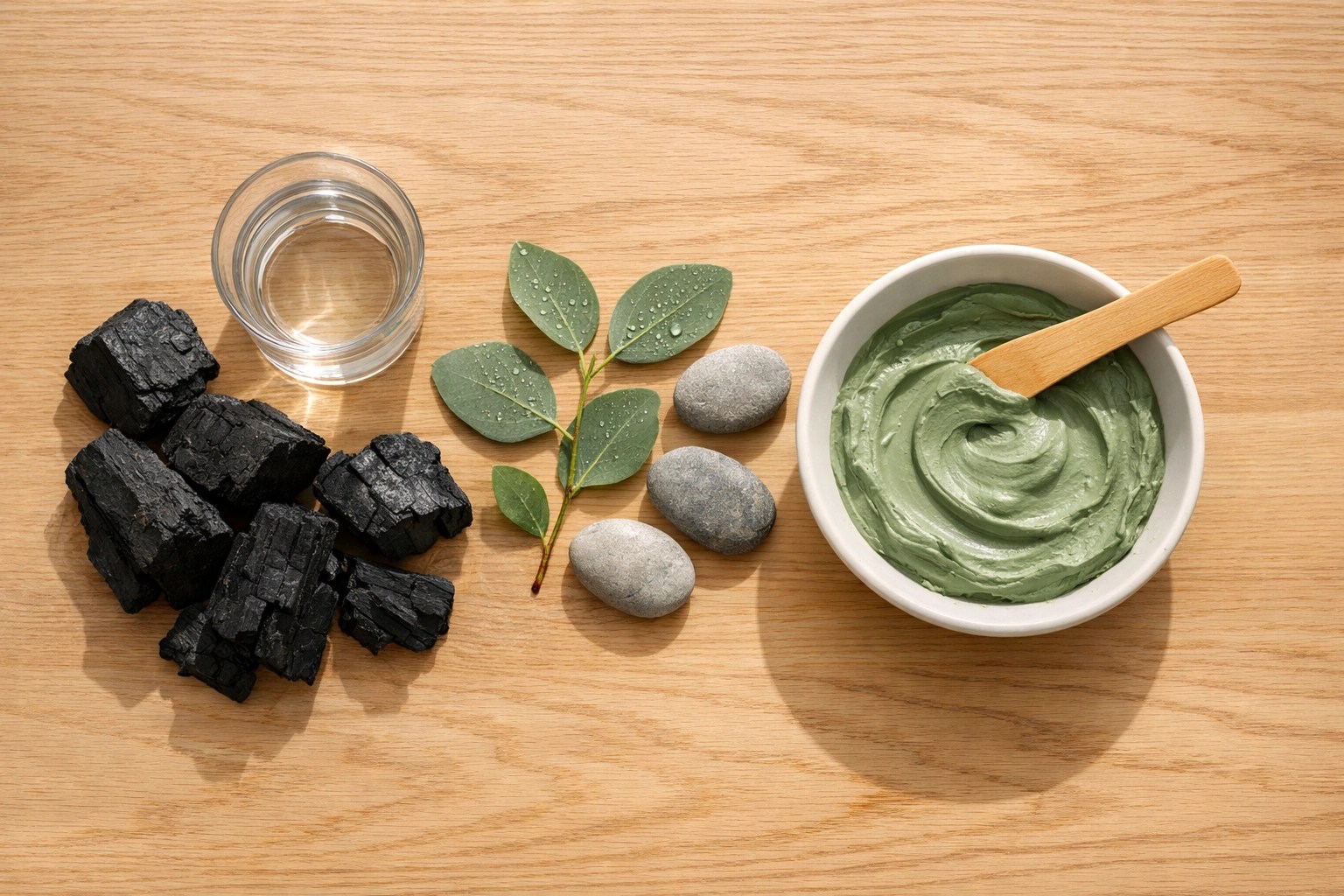 Wellness flat-lay comparing black activated charcoal with a smooth green clay detox mask in a ceramic bowl.