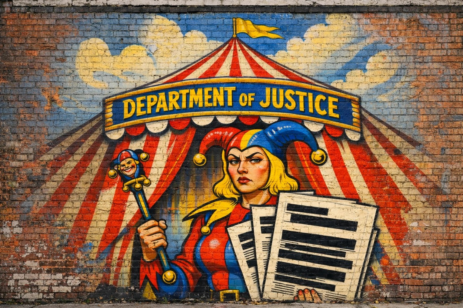 Pam Bondi holding redacted Epstein documents outside DOJ circus tent in satirical street art