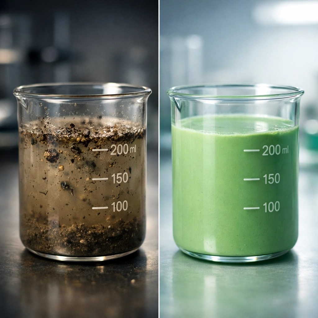 Contaminated healing clay with heavy metals compared to pure French green clay in laboratory beakers