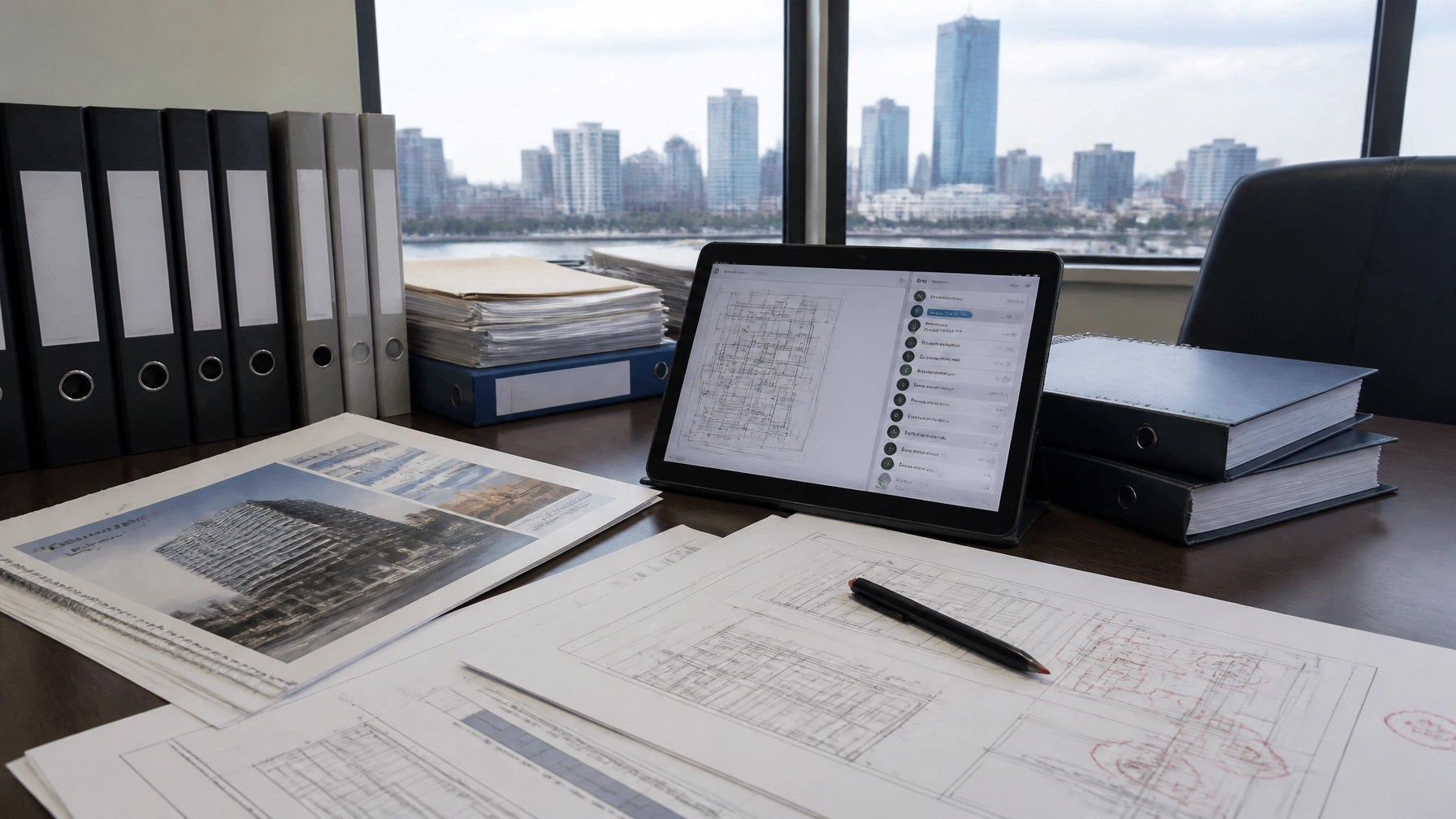 Condominium board engineering records, structural drawings, inspection checklist, and reserve study documents on a professional meeting table