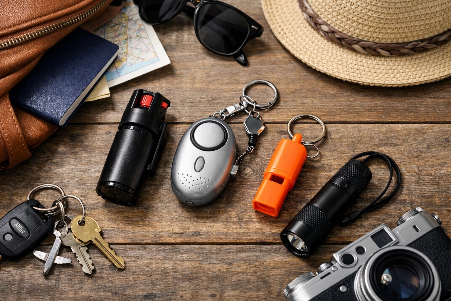 Travel safety tools including pepper spray, a whistle, and a personal alarm arranged with travel essentials