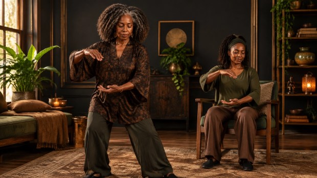 Two Black women demonstrate Cloud Hands with a clear seated modification