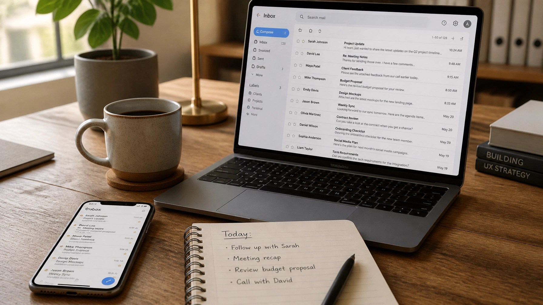 An organized desk with a phone and laptop open to an email inbox