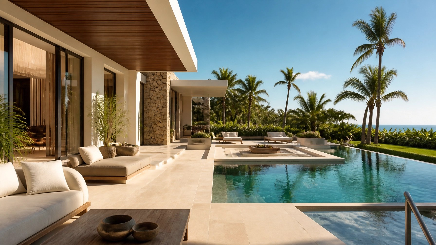 Modern high-end private resort villa exterior with a designer pool, elegant outdoor lounge area, palm trees, and sunlit architectural lines for an exclusive luxury feel.