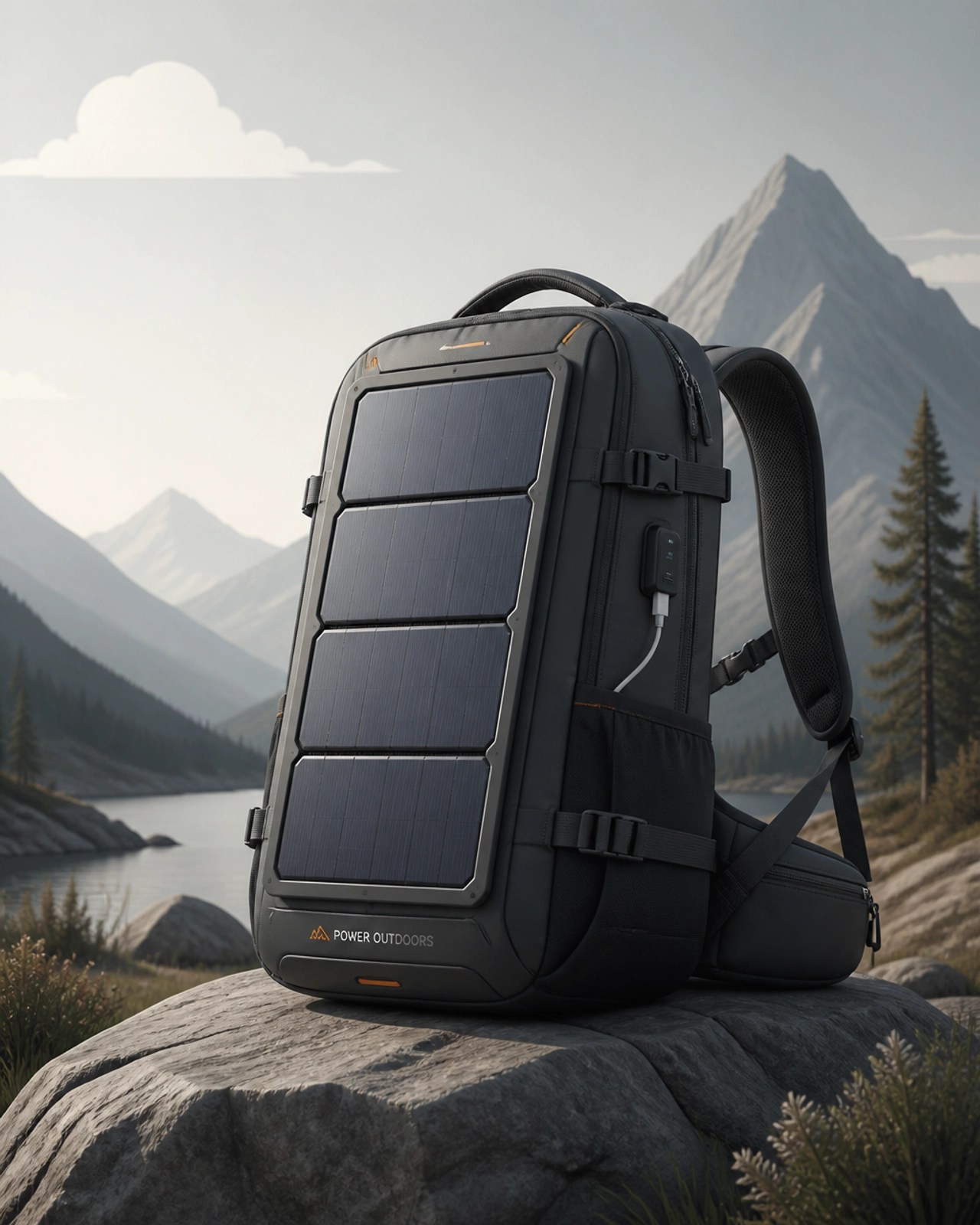 Minimalist 3D illustration of a solar panel and tech backpack