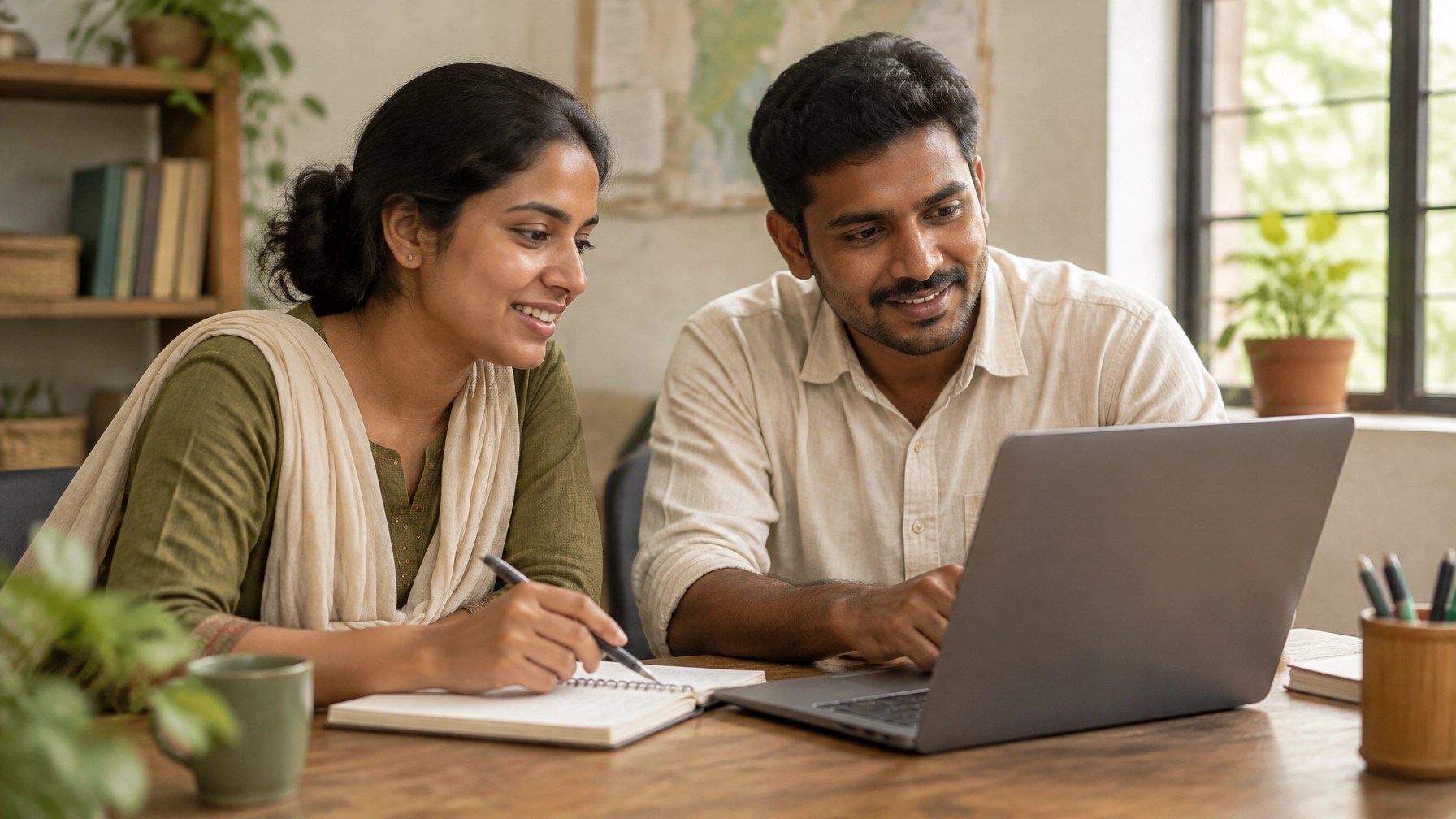 Two NGO colleagues planning their day together at a table