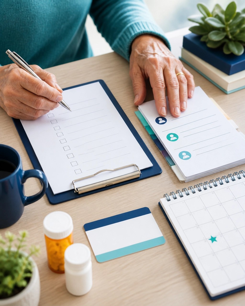 Older adult organizing a Medicare enrollment checklist with medication bottles, an insurance card, and a calendar