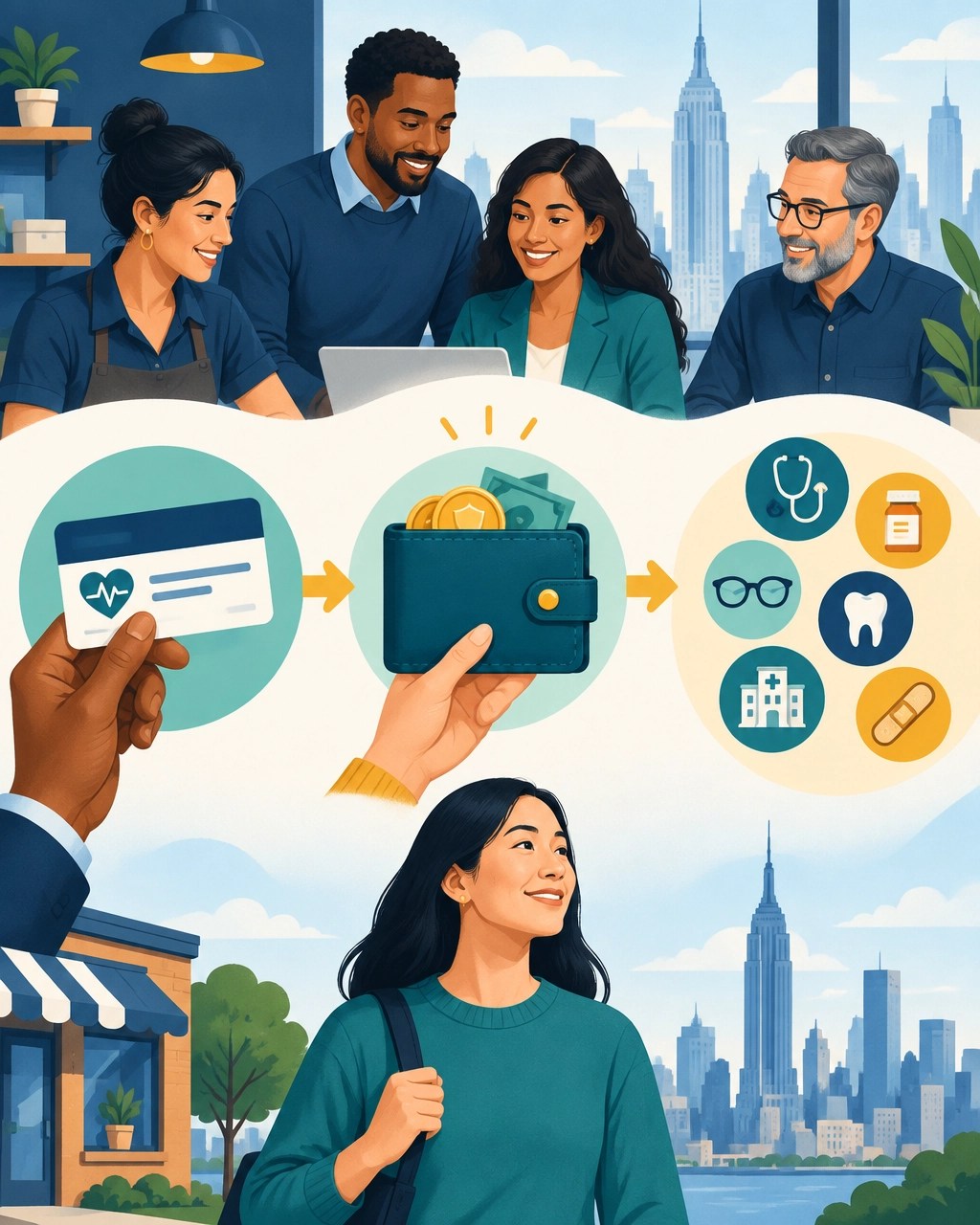 Educational illustration showing an employer health plan, an employee HSA wallet, and qualified medical expenses connected in a clear flow