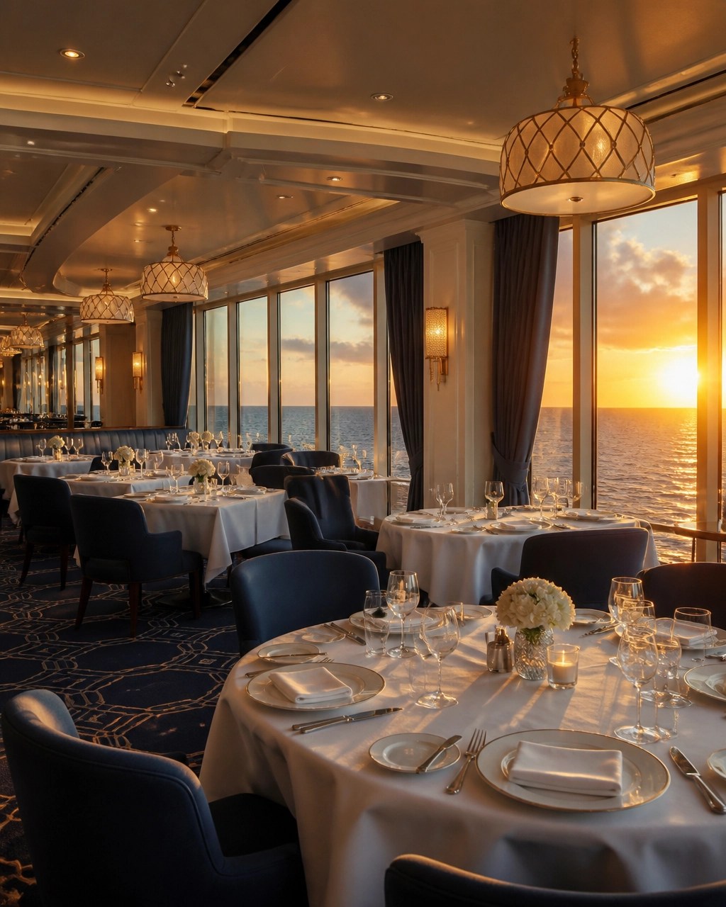 Elegant empty cruise dining room with warm lighting and glowing Caribbean sea views