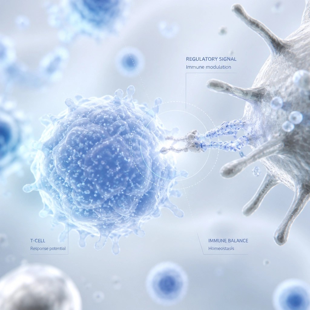 Abstract clinical visualization of immune cells and T-cell regulation, showcasing the delicate balance required for optimal health.