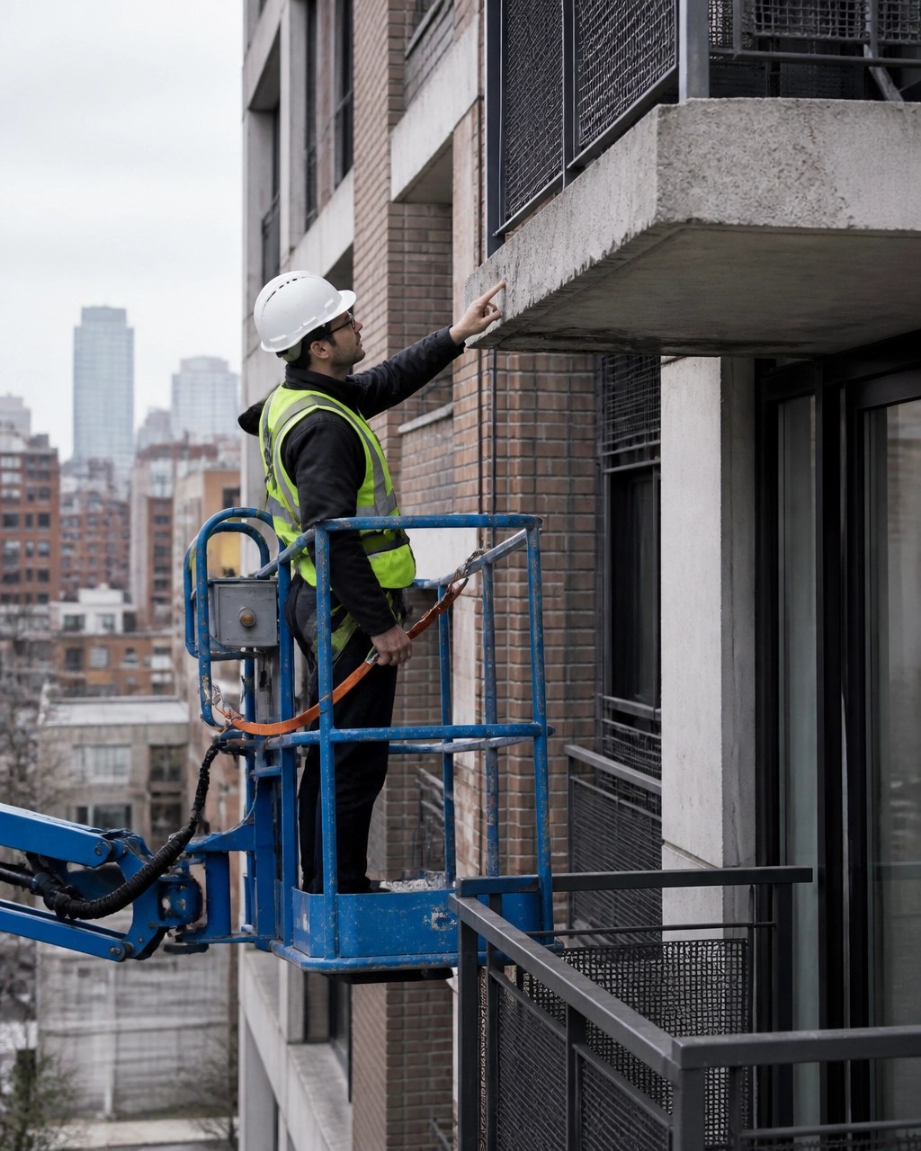 Structural engineer using a lift to inspect exterior concrete balcony and facade components at a Hudson County condominium