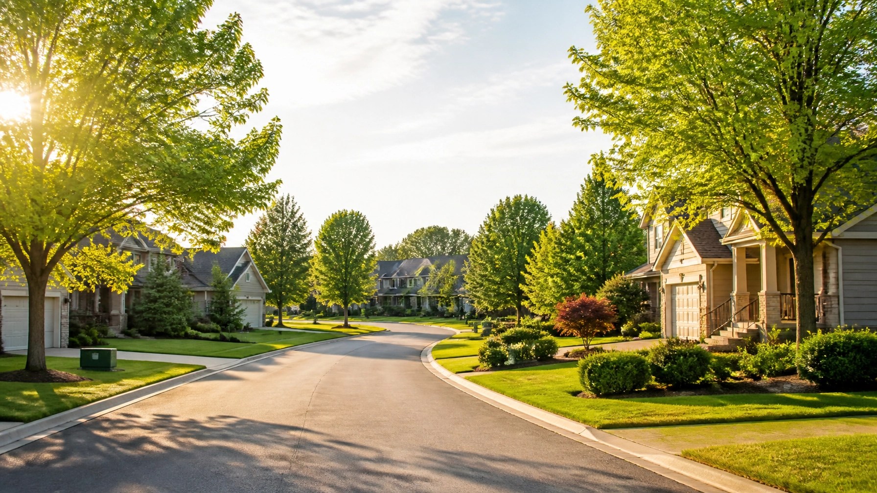 A serene and peaceful suburban neighborhood with green trees under a soft sunny sky