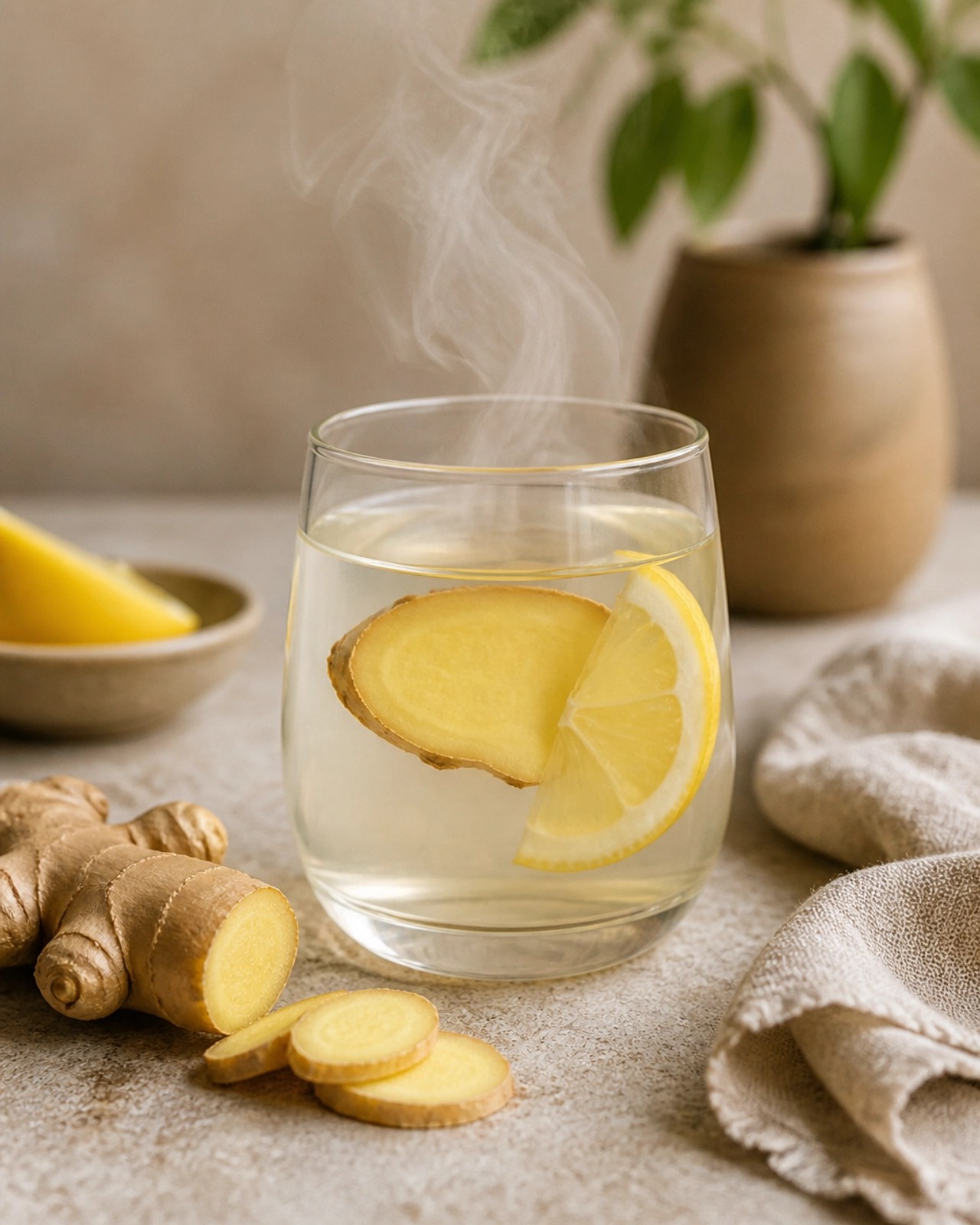 A glass of warm water with ginger and lemon, illustrating a simple and effective strategy for stimulating the digestive fire (Agni).
