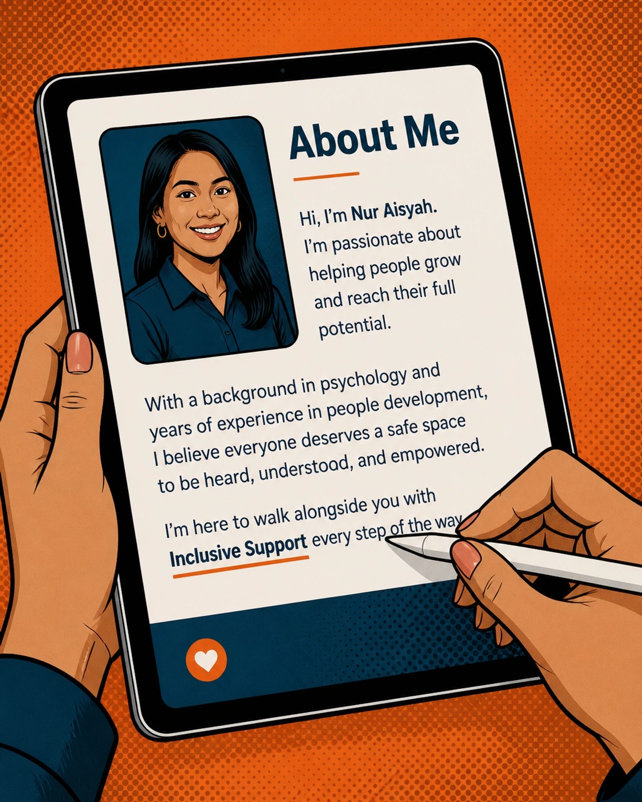 A person using a tablet to edit an About Me page that emphasizes inclusive, trustworthy therapist website content to build credibility without client testimonials