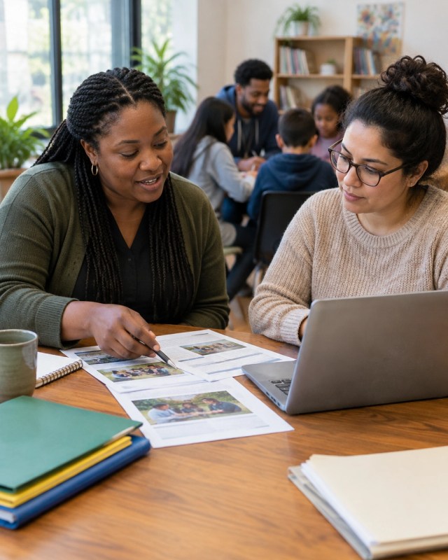Education nonprofit staff reviewing grant notes and program results together
