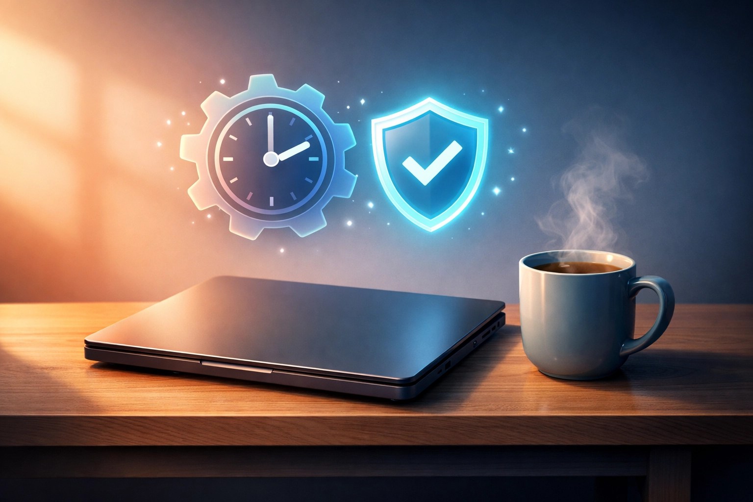 Automated tech maintenance and security updates running overnight on a workspace laptop.