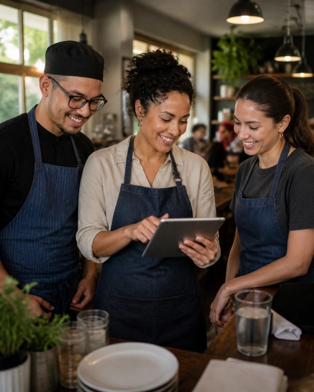 Restaurant owner and staff reviewing a customer follow-up and scheduling workflow