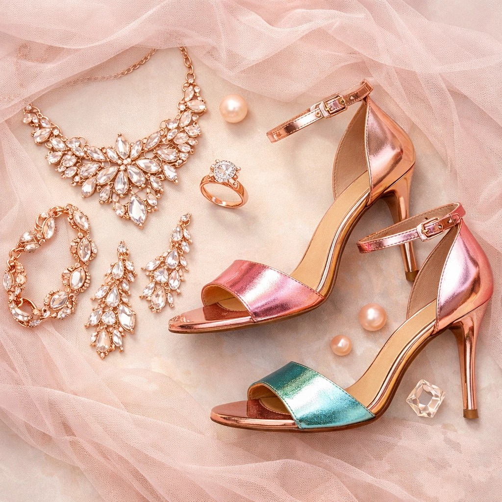 Modern bridal accessories including rose gold jewellery and metallic heels on pastel surface