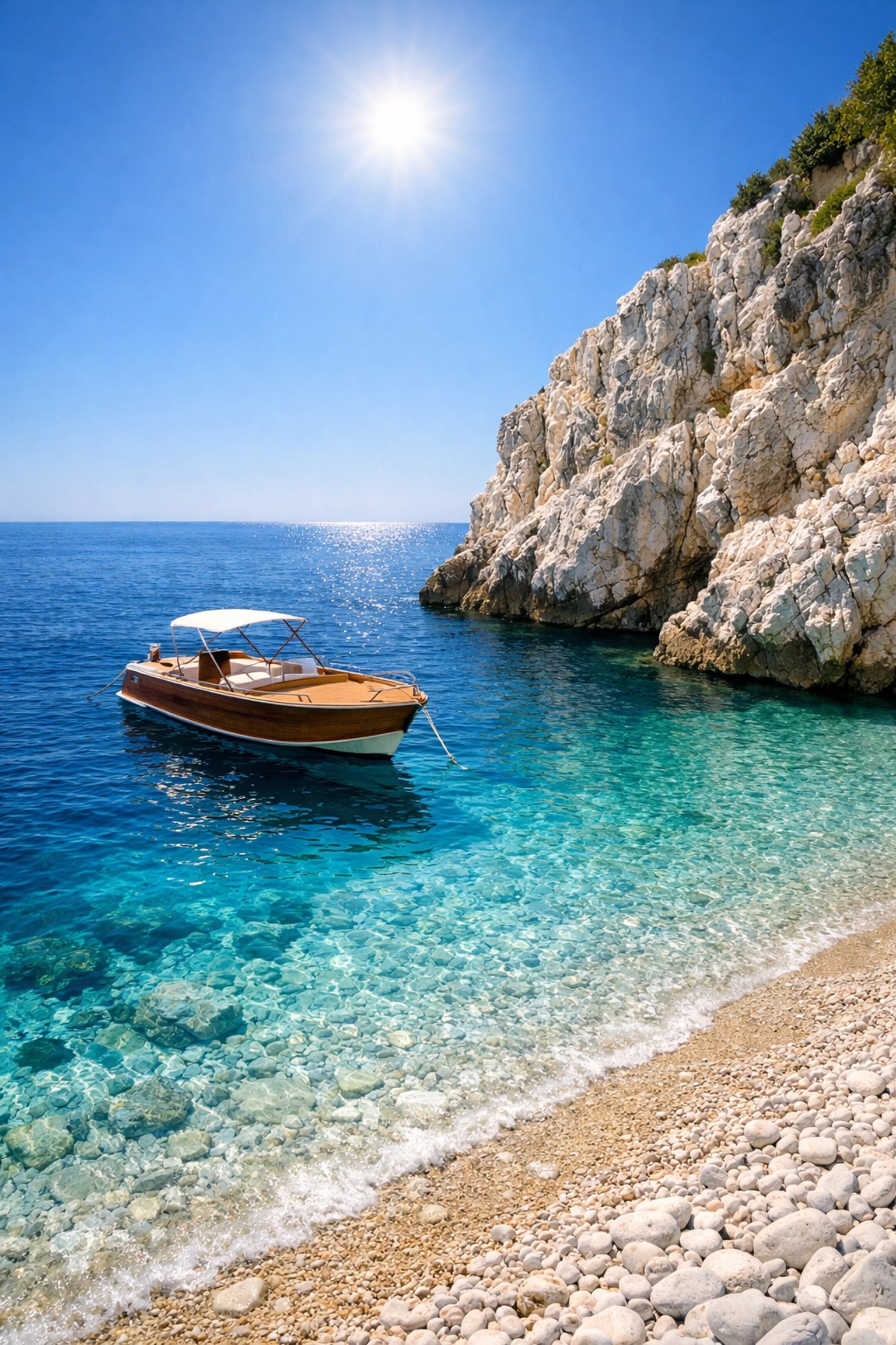 Secluded turquoise cove and boat along the Albanian Riviera, a pristine hidden gem for off the beaten path travel.