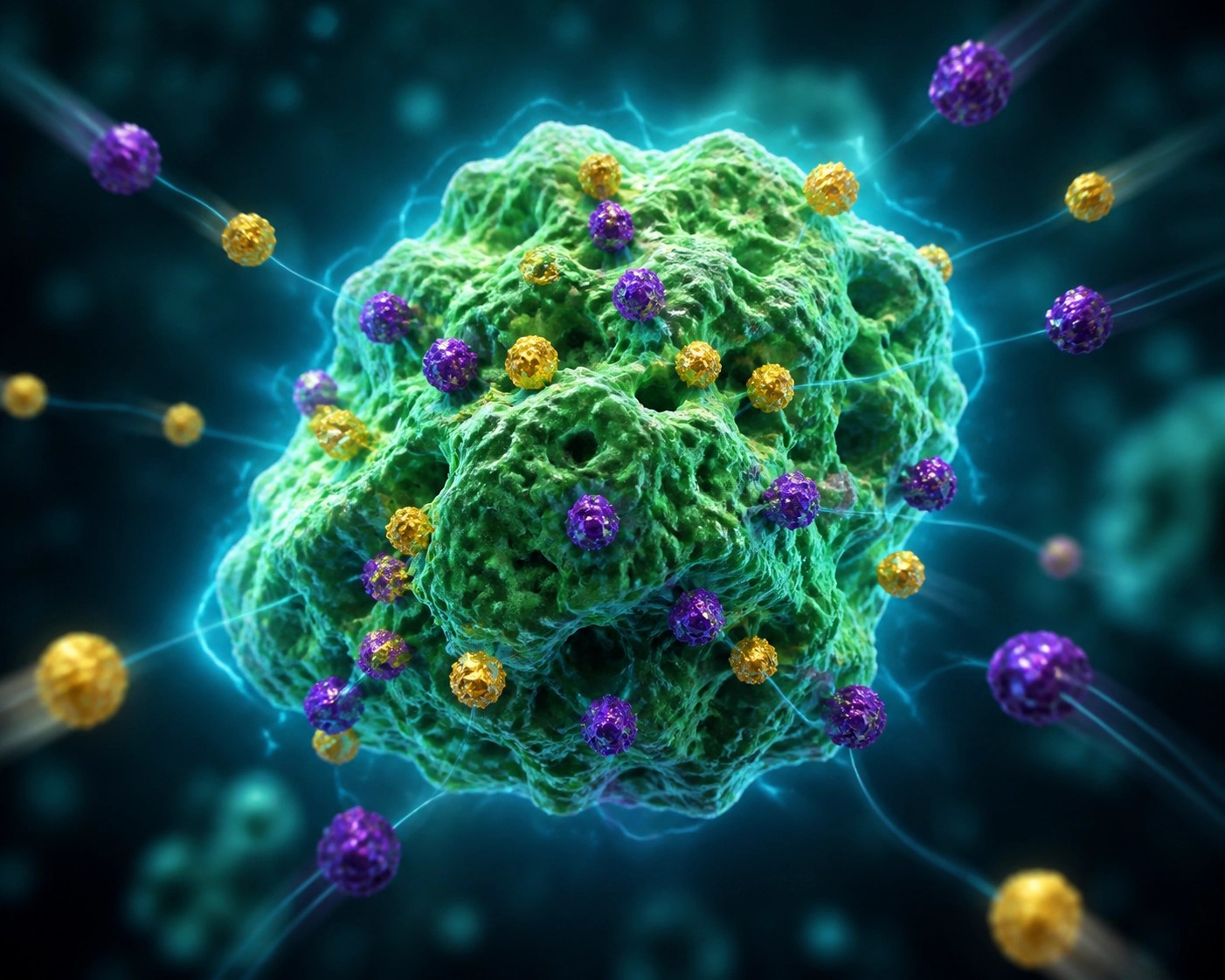 Microscopic view of green healing clay particles attracting and binding toxins through adsorption.