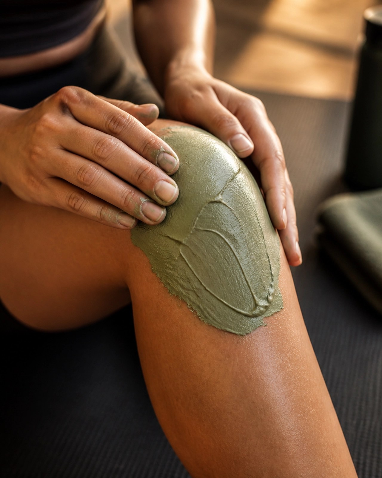 Person applying green clay to a sore knee for recovery