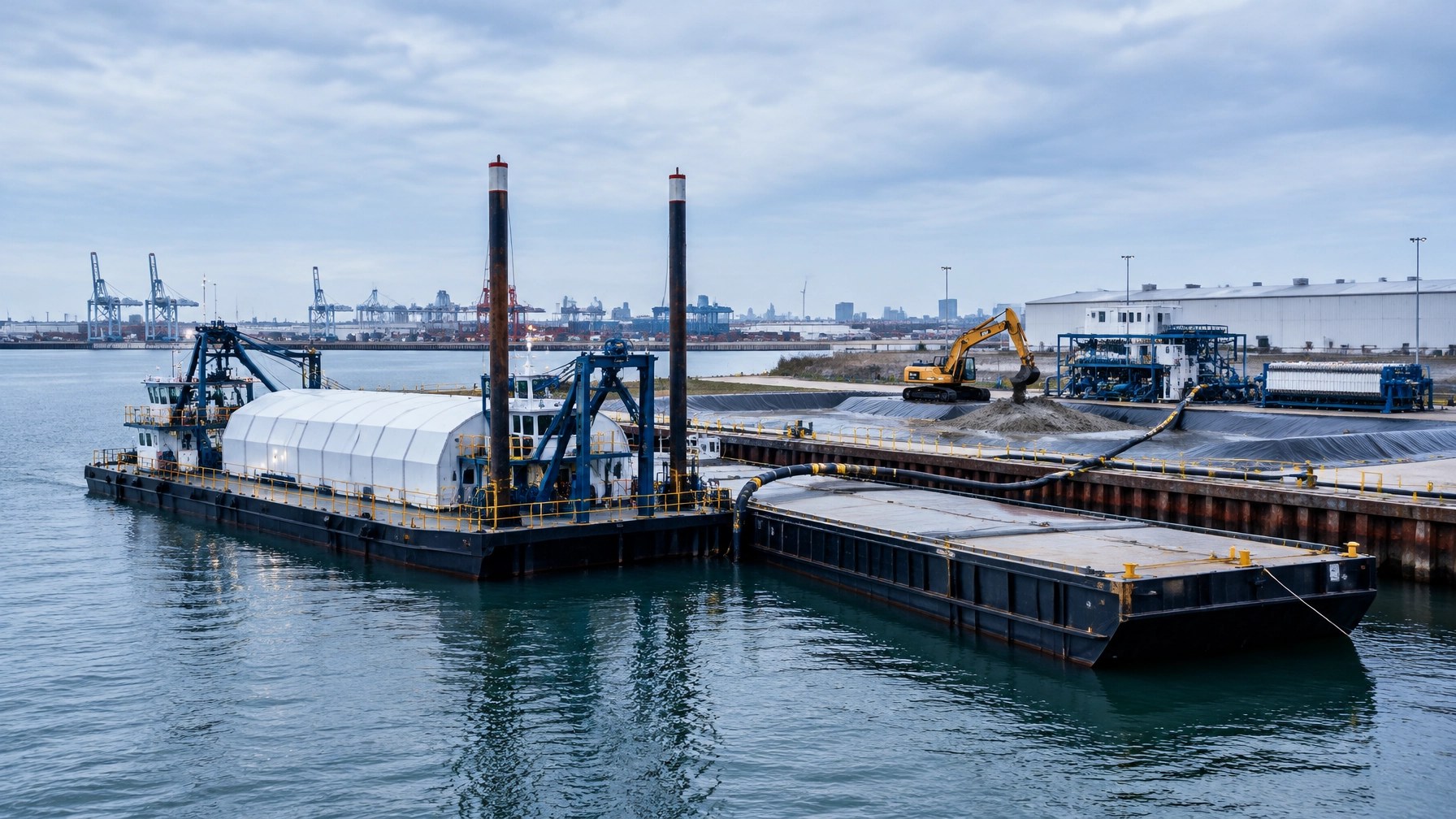 Covered environmental dredging barge and sealed scow beside an industrial port with orderly dewatering and lined staging areas