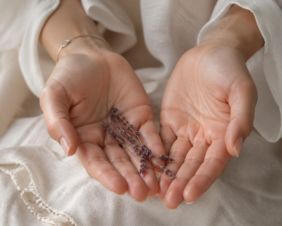 Woman's open hands holding lavender, representing the beauty of surrendering and letting go of burdens to the Father.