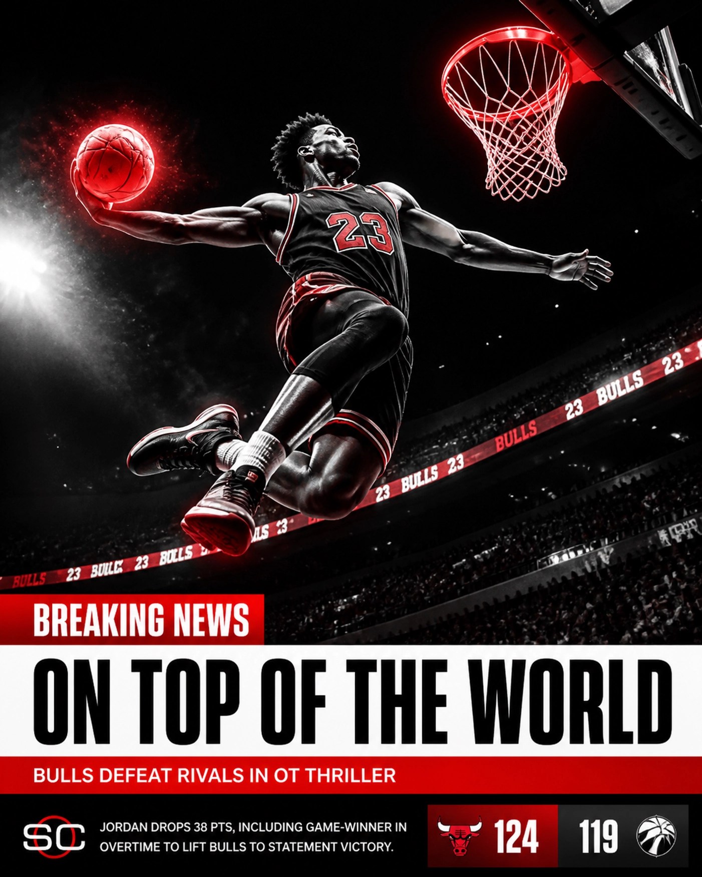 Dynamic basketball player dunking a red glowing ball, illustrating the new era of individual NBA stardom.