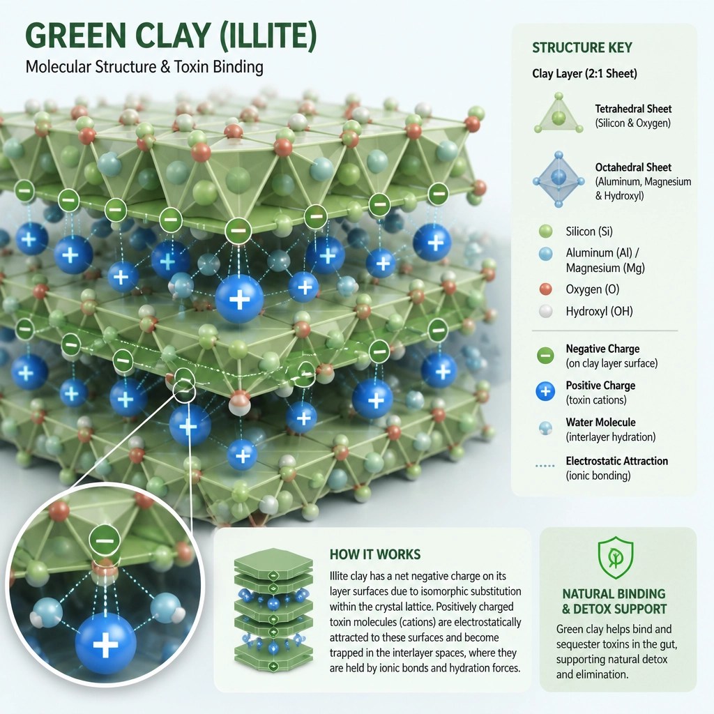 Scientific illustration of green clay particles attracting toxin molecules