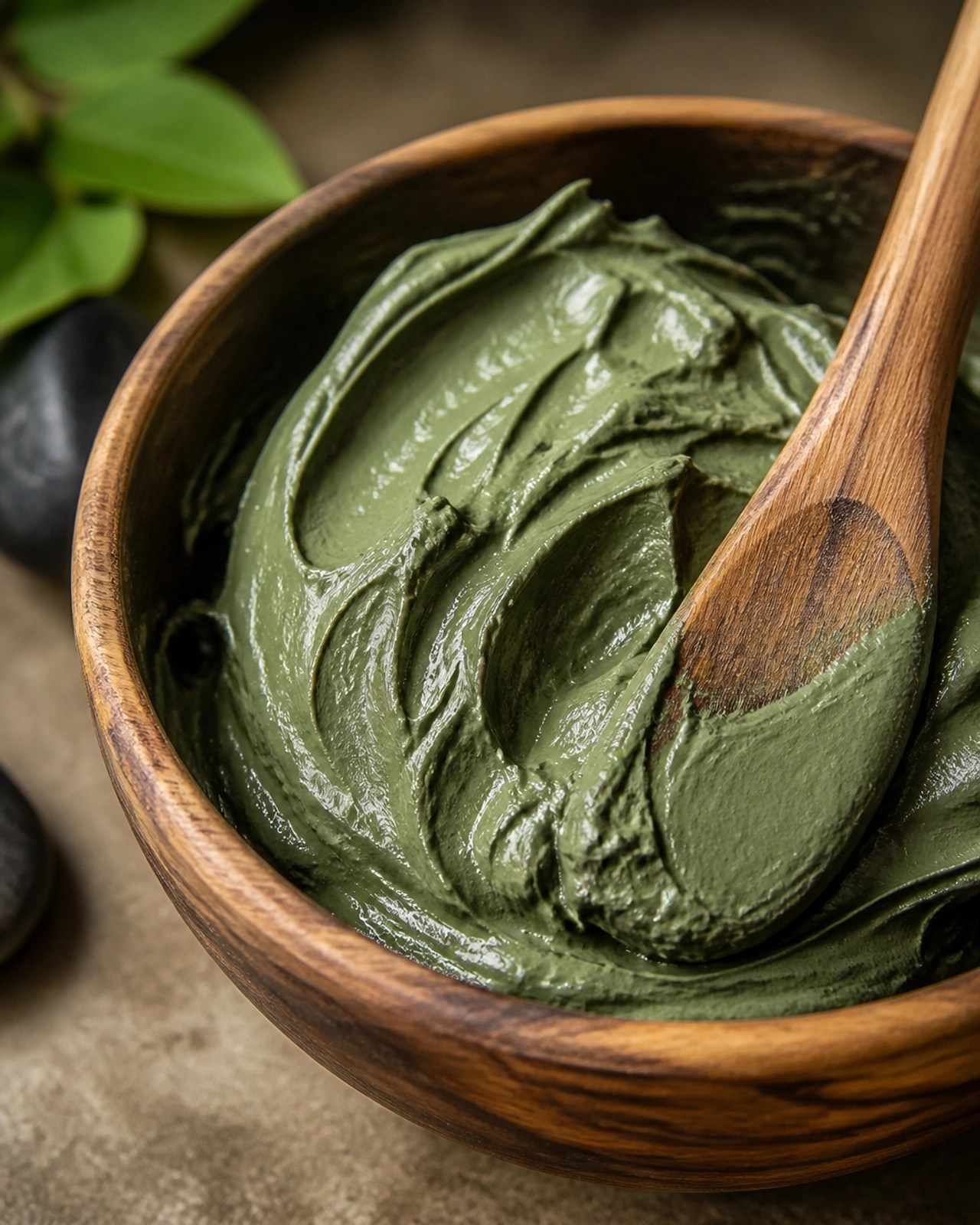 Smooth, vibrant green clay being prepared in a wooden bowl