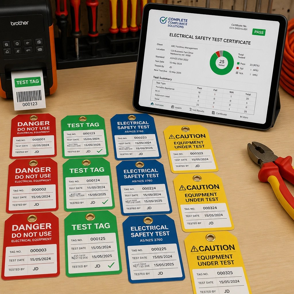 A selection of colored electrical test tags and a digital certificate on a tablet