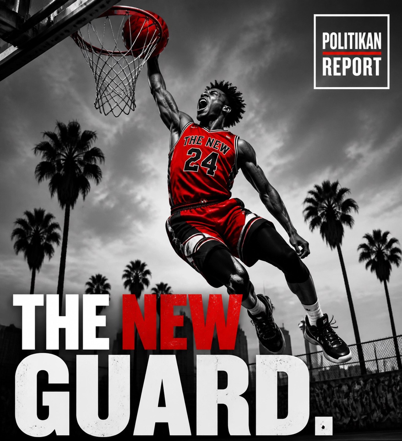 Young Black athlete performing a powerful dunk on a Los Angeles basketball court representing the new guard.