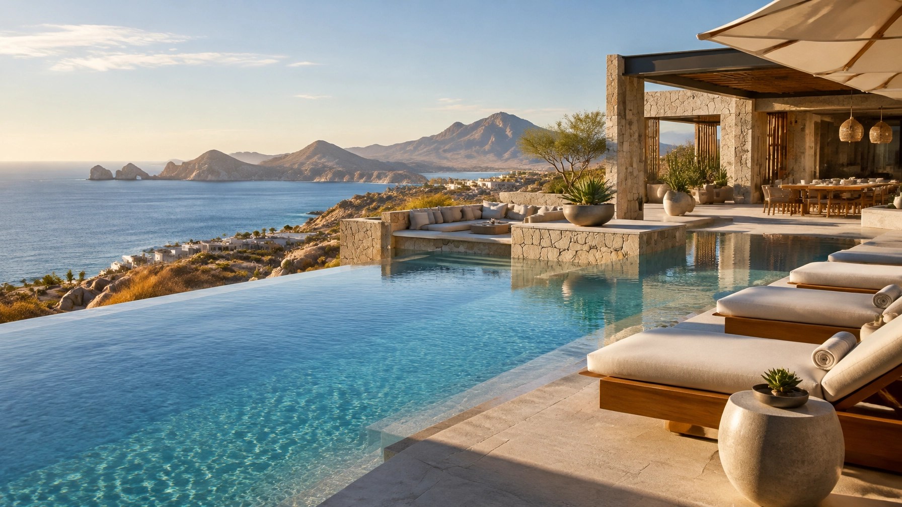 An empty infinity pool frames the Sea of Cortez and Baja’s rugged coastal hills