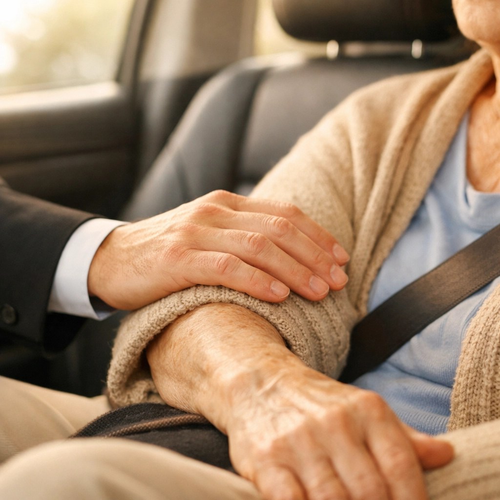A compassionate transport driver assisting an elderly passenger, ensuring safe and reliable patient care.