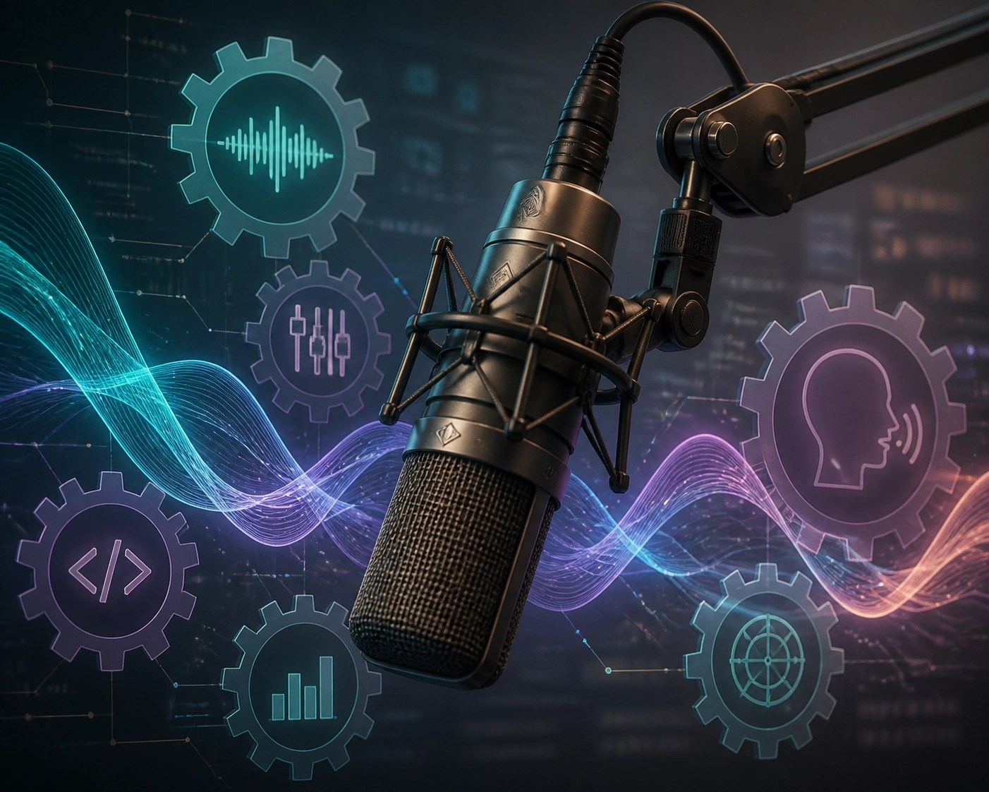 Broadcast microphone surrounded by digital sound waves representing expert technical narration for tutorials.