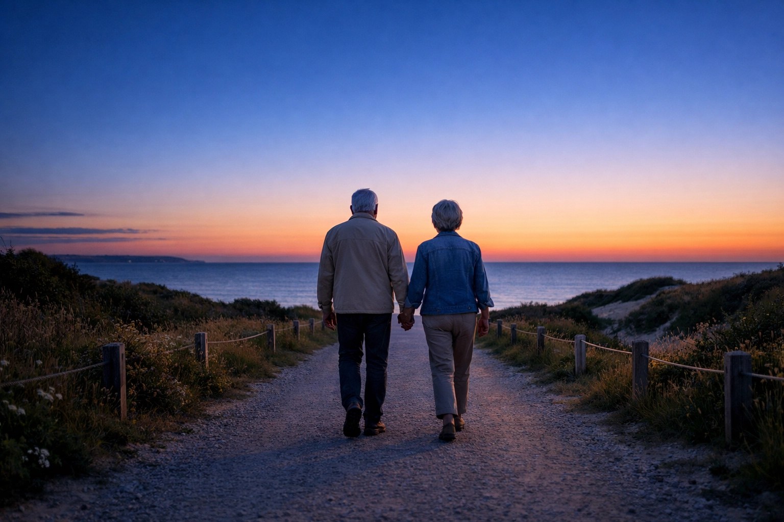 Senior couple walking toward a peaceful horizon, illustrating the security found in affordable final expense plans.