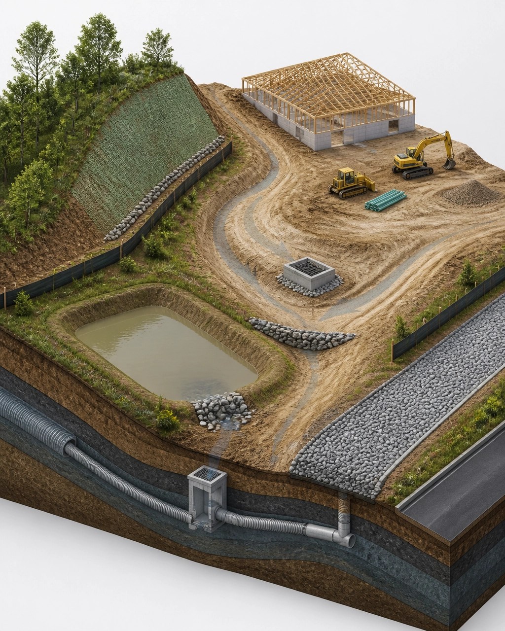 Technical isometric illustration of a site-specific SWPPP system with sediment basin, silt fence, inlet protection, drainage swale, stabilized slope, and construction entrance