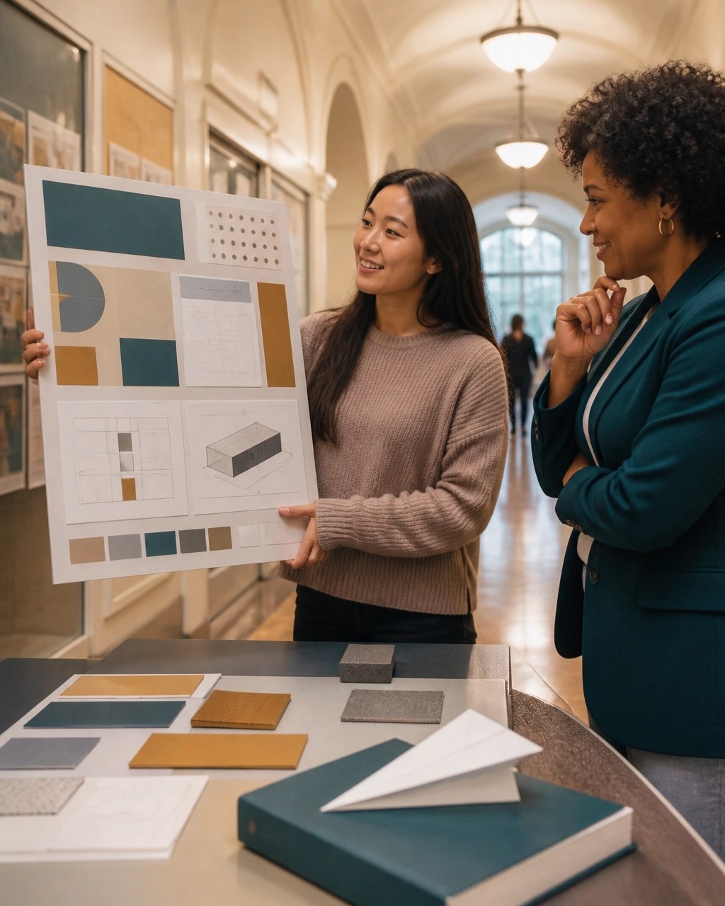 A student presenting a printed project board and tangible work samples to a supportive mentor in a bright campus hallway