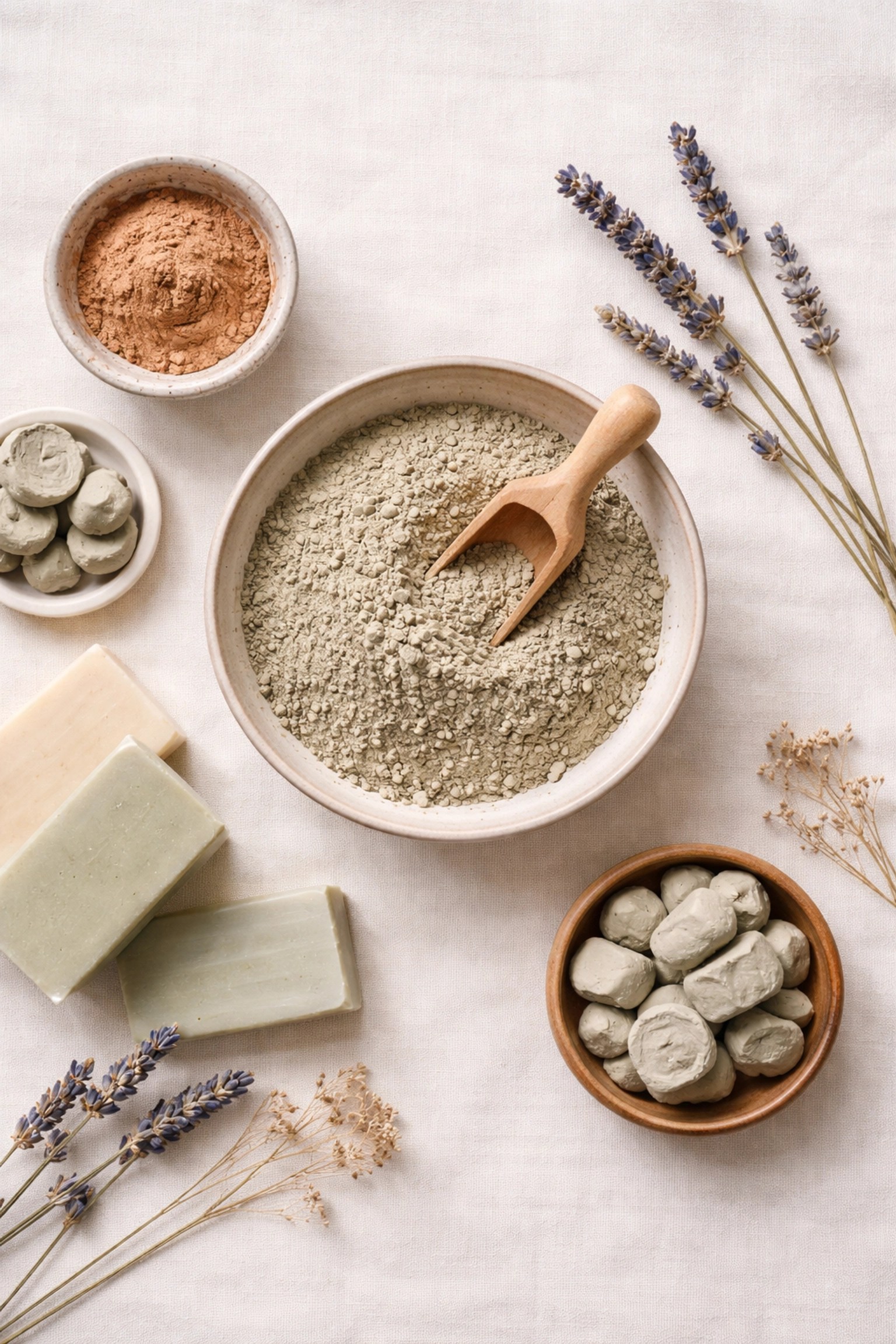 Certified medicine clay products displayed on linen, emphasizing quality and toxin-free clay choices.