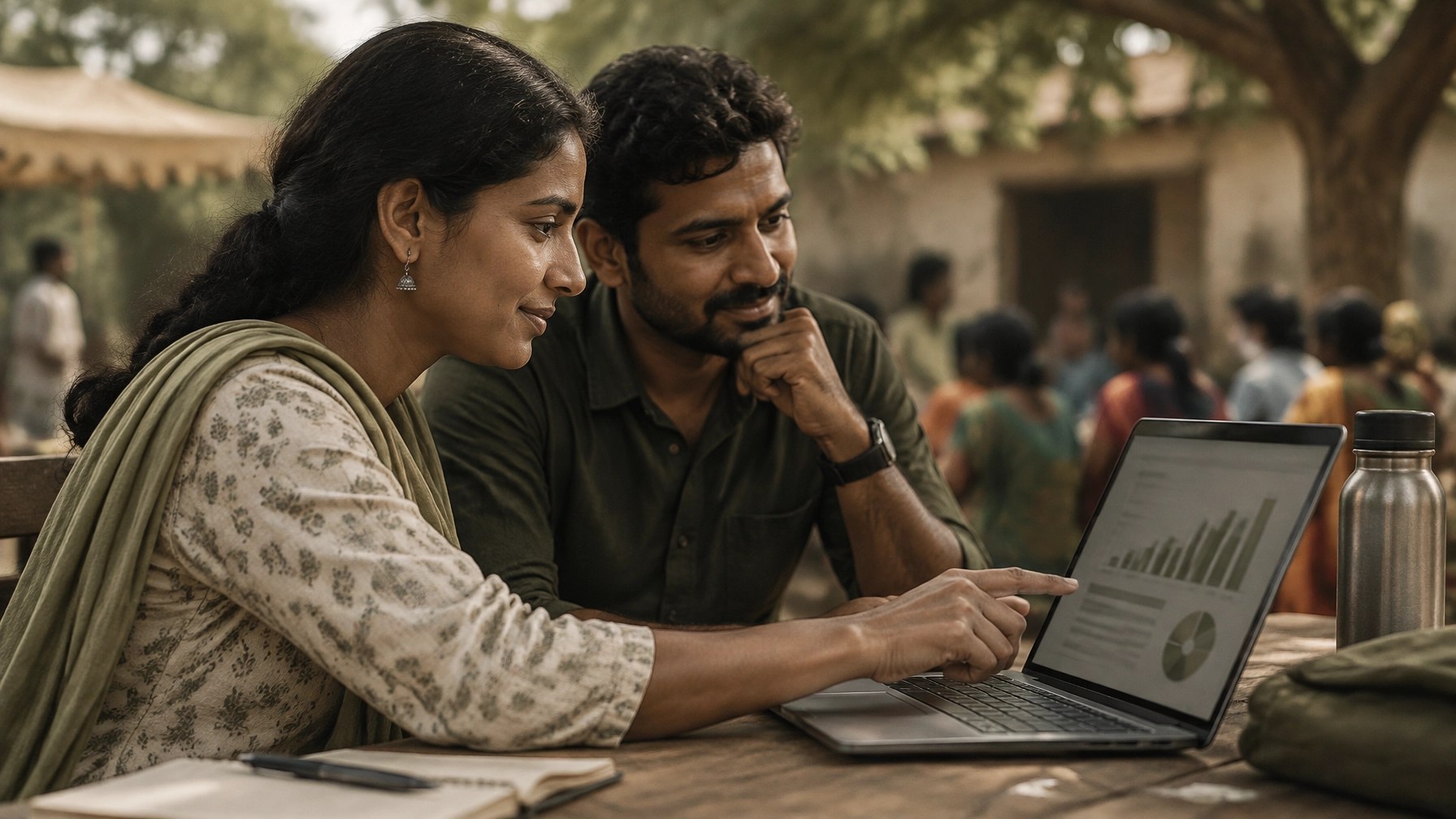 NGO colleagues reviewing event attendance and a simple report on a laptop