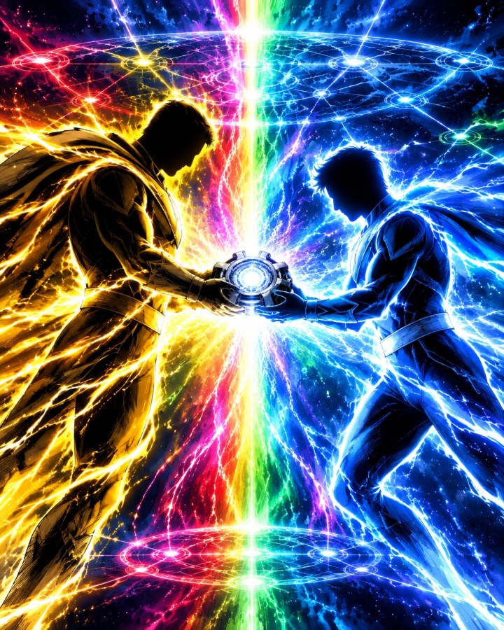 Two anonymous superhero silhouettes passing a glowing morpher through multicolored Grid energy
