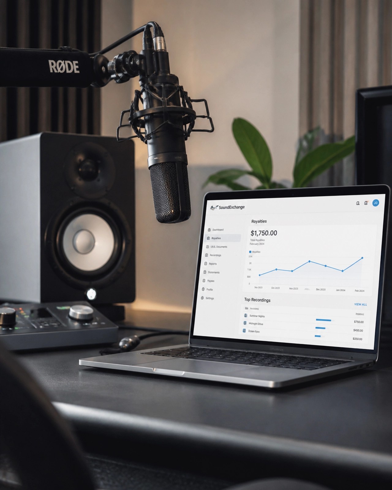 A professional recording studio setup with music royalty charts displayed