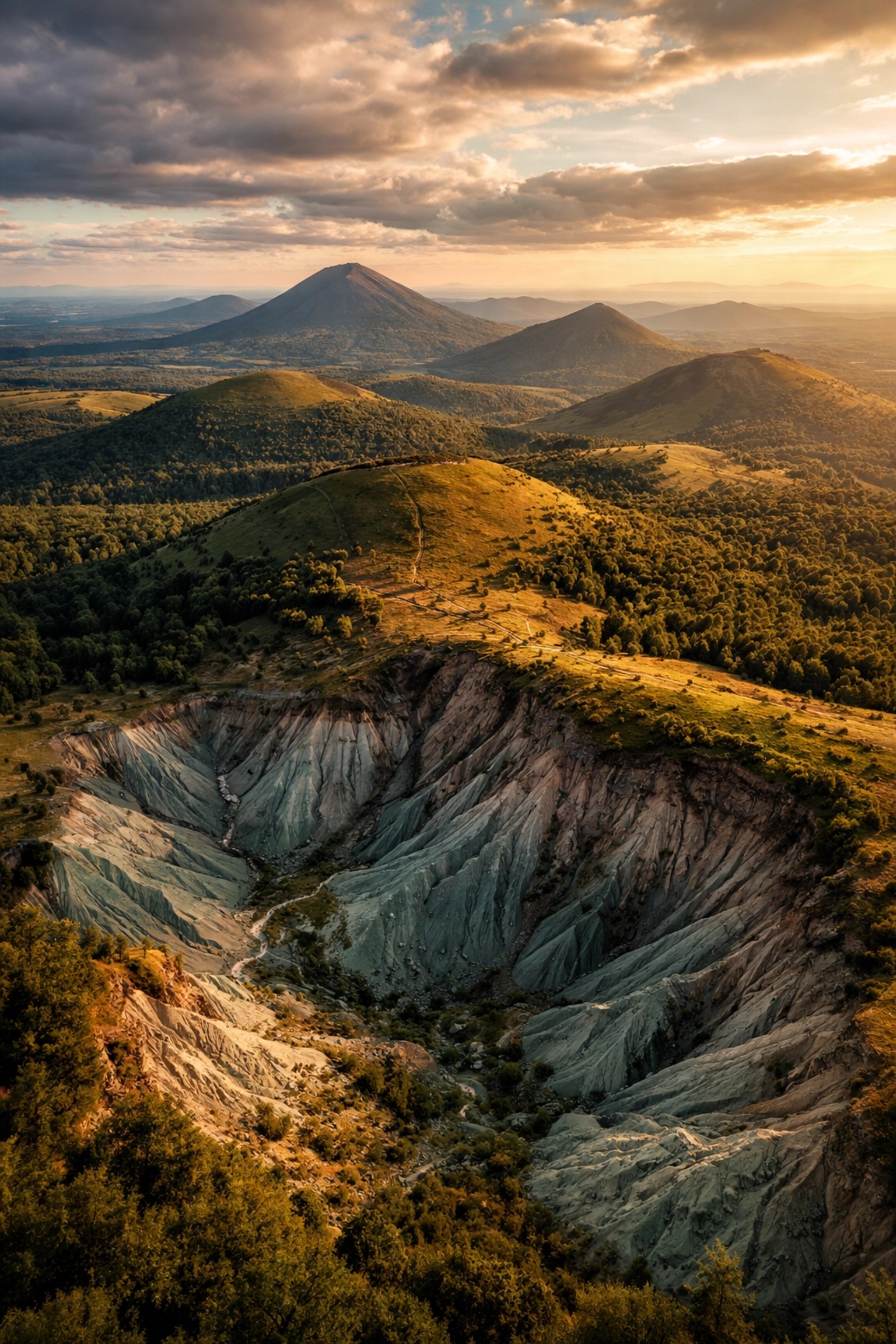 Aerial view of the Auvergne volcanic region in France, source of premium mineral-rich green clay deposits