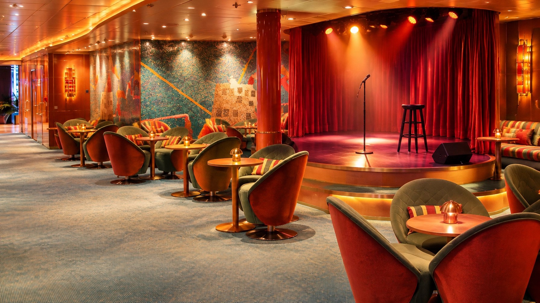Empty cruise ship comedy club with microphone, spotlight, colorful seating, and warm entertainment-lounge lighting